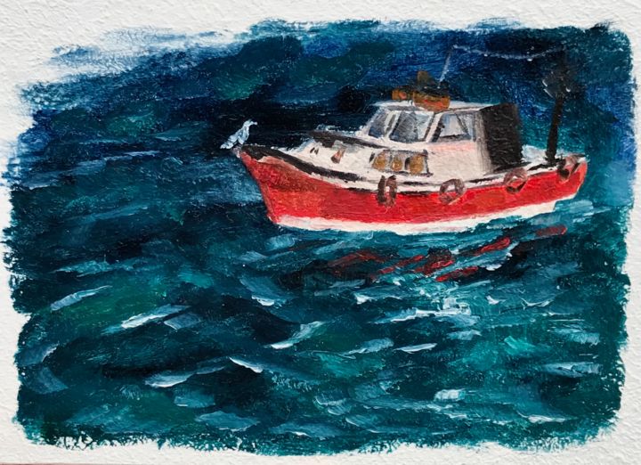 Картина под названием "Boat is resting col…" - Marina Deryagina, Подлинное произведение искусства, Масло