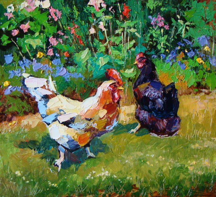 Chickens In The Garden, Painting by Ruslan Sabirov | Artmajeur