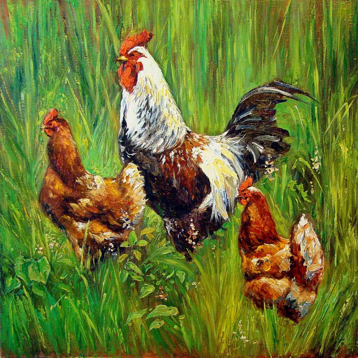Картина под названием "Chickens in the gra…" - Ruslan Sabirov, Подлинное произведение искусства, Масло