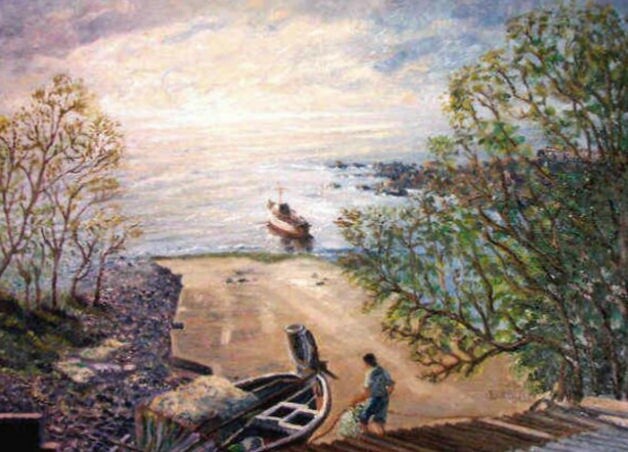 Painting titled "PUERTO DE PESCADORES" by Ruben Dario Burschtin, Original Artwork