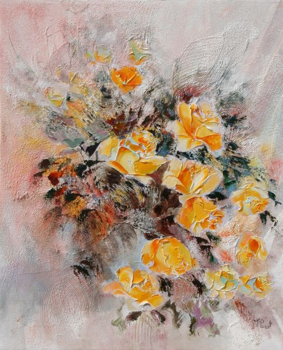 Painting titled "ROSES DOREES" by Françoise Pascal, Original Artwork, Oil