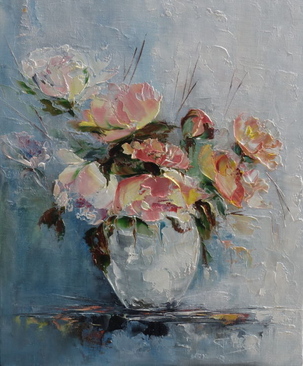 Painting titled "DOUCES PIVOINES ROS…" by Françoise Pascal, Original Artwork, Oil