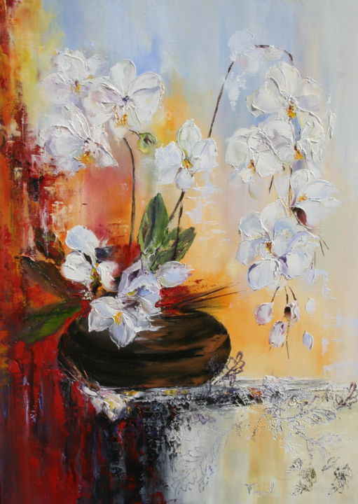 Painting titled "LES ORCHIDEES BLANC…" by Françoise Pascal, Original Artwork, Oil