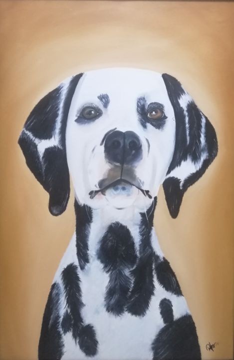 Painting titled "Dalmatian" by Ruby Chan, Original Artwork, Oil