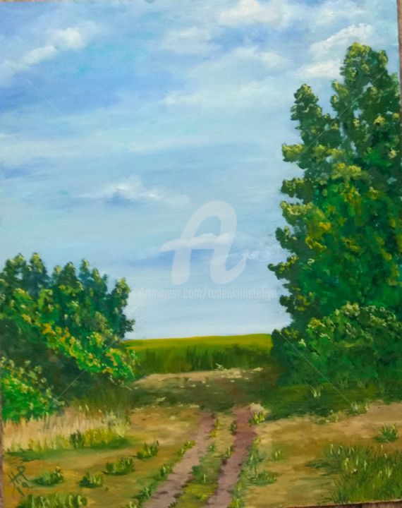 Картина под названием "Дорога в поле" - Natalia Rudenko, Подлинное произведение искусства, Масло