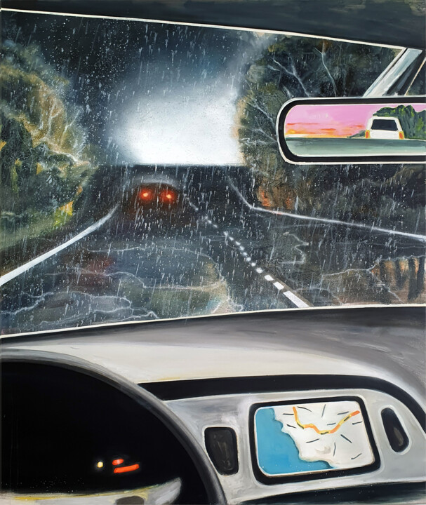 Painting titled "On the Road" by Rudi Cotroneo, Original Artwork, Oil Mounted on Wood Stretcher frame
