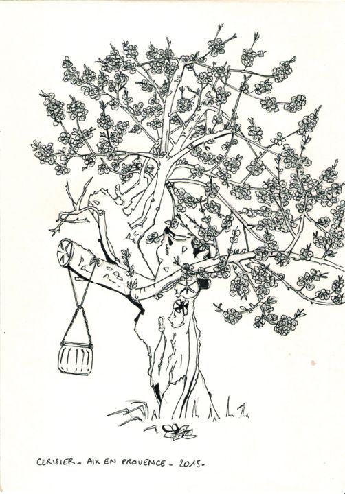 Dessin intitulée "Cerisier en Fleurs…" par Rudy Dissler, Œuvre d'art originale, Encre