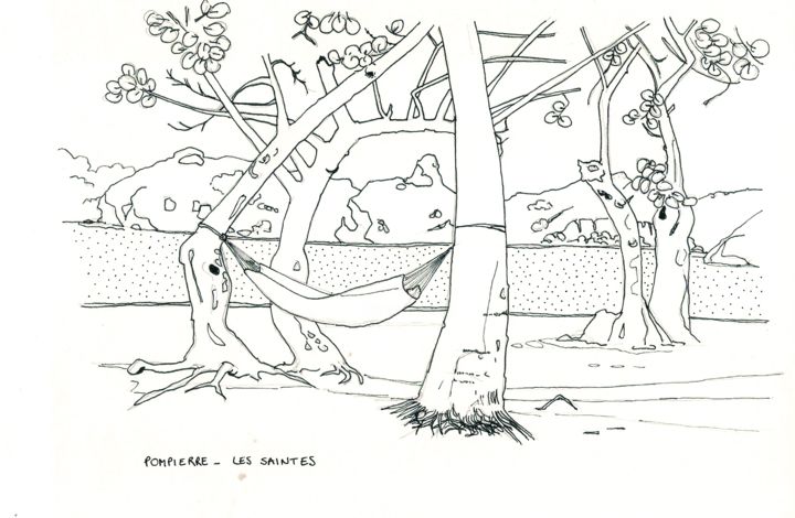 Disegno intitolato "Plage de Pompierre…" da Rudy Dissler, Opera d'arte originale, Inchiostro