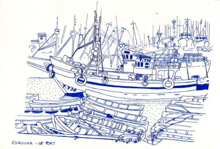Drawing titled "Essaouira - Le port" by Rudy Dissler, Original Artwork, Ink