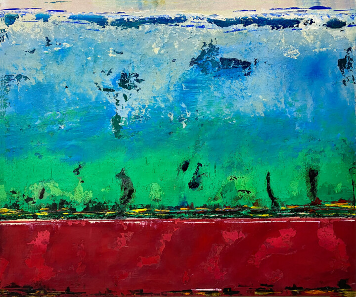 Картина под названием "Blau Grün Rot  Land…" - Rudi Eckerle, Подлинное произведение искусства, Пигменты