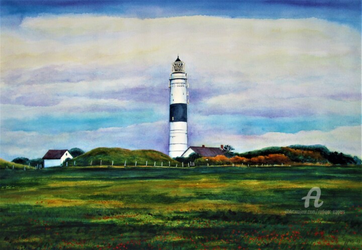 Malerei mit dem Titel "Leuchtturm Kampen S…" von Rüdiger Eggers, Original-Kunstwerk, Aquarell