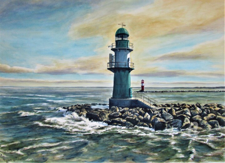 Malerei mit dem Titel "Leuchtturm Warnemün…" von Rüdiger Eggers, Original-Kunstwerk, Aquarell