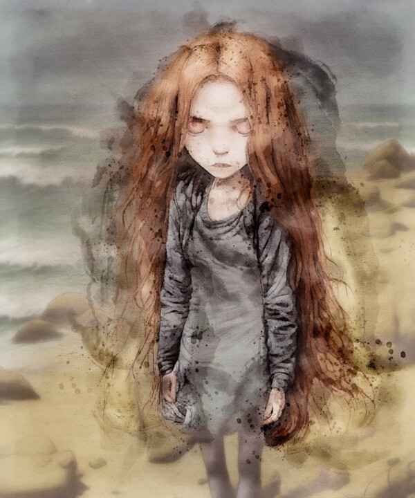 Digitale Kunst mit dem Titel "Sad Girl at the Bea…" von Rüdiger Geisler, Original-Kunstwerk, Digitale Malerei