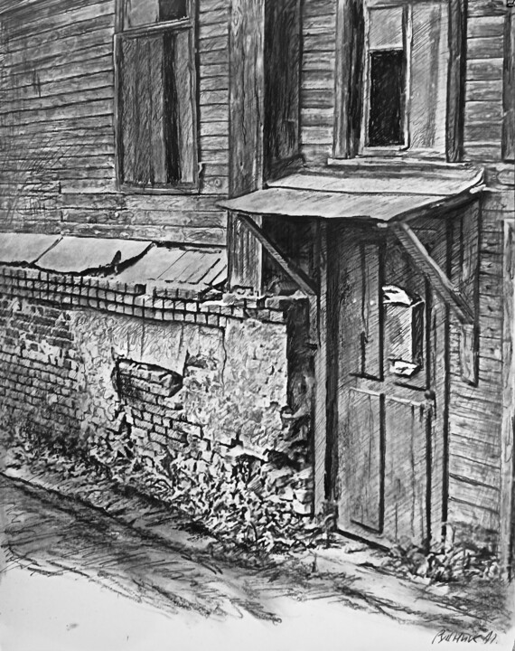 Картина под названием "Старые дворы 13" - Mikhail Rudnik, Подлинное произведение искусства, Древесный уголь