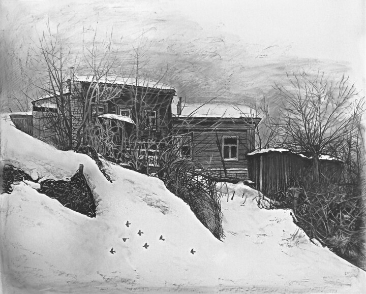 Картина под названием "Старые дворы 24" - Mikhail Rudnik, Подлинное произведение искусства, Древесный уголь