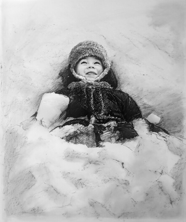 Dibujo titulada "Снег" por Mikhail Rudnik, Obra de arte original, Carbón