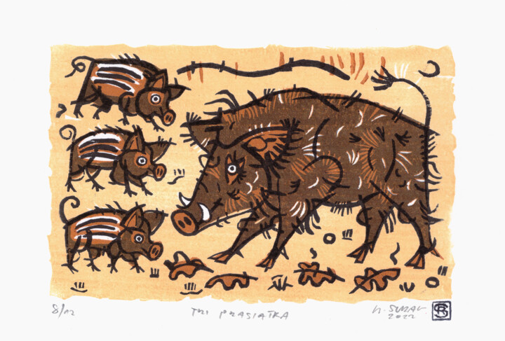 Gravures & estampes intitulée "Three pigs" par Rudolf Suran, Œuvre d'art originale, Xylographie