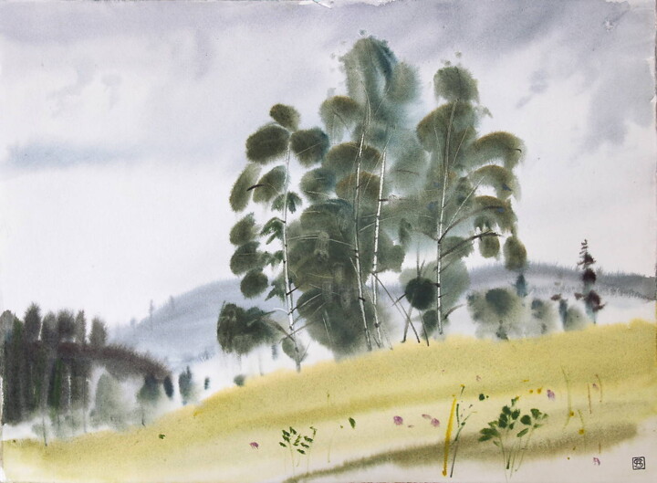 Painting titled "Four birches" by Rudolf Suran, Original Artwork, Watercolor