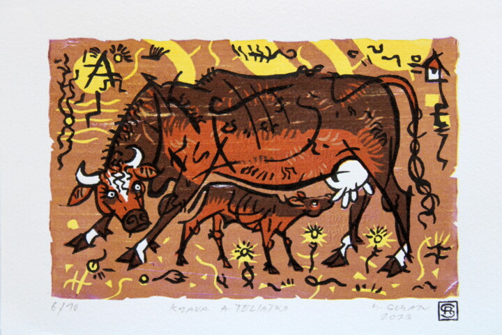 Printmaking titled "Cow and calf." by Rudolf Suran, Original Artwork, Xylography