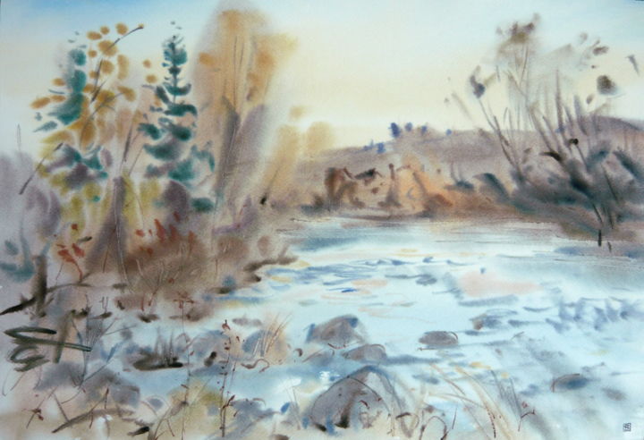 Painting titled "River" by Rudolf Suran, Original Art, Watercolor