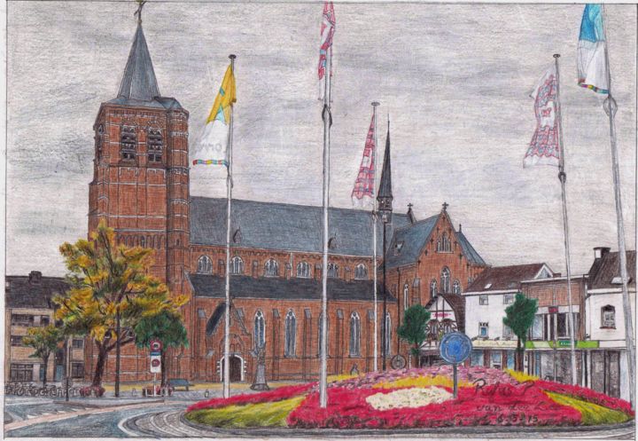 Drawing titled "kerk-lommel.jpg" by Rufus Van Der Zee, Original Artwork, Pencil