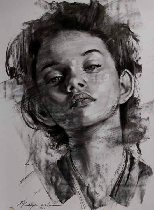 Dibujo titulada "potrait girl no.01" por Muh Ilyas Ruhiyat Artist, Obra de arte original, Carbón