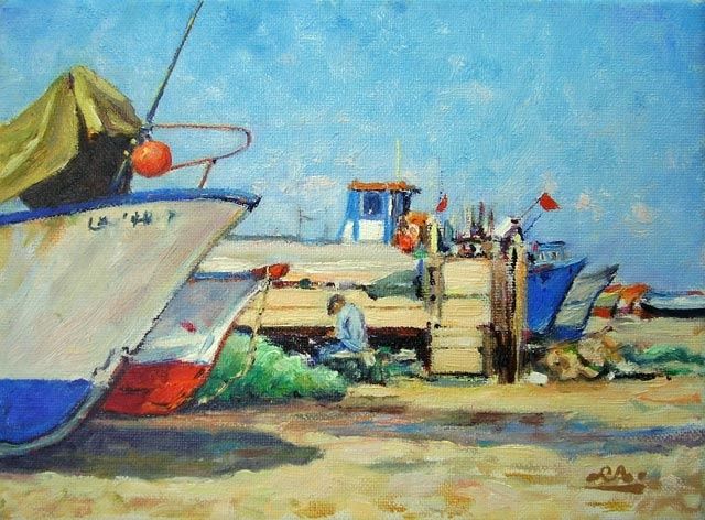 Painting titled "Barcos na Ericeira…" by Rui Albuquerque, Original Artwork, Oil