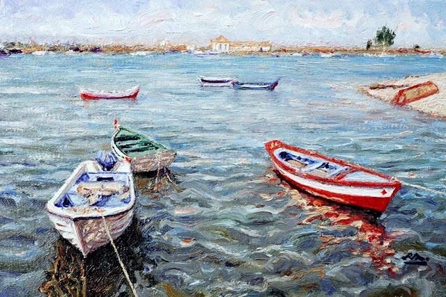 Pintura intitulada "Barcos no Tejo II -…" por Rui Albuquerque, Obras de arte originais