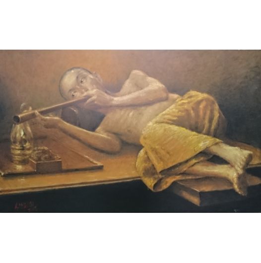 Malerei mit dem Titel "Fumeur d'opium" von Rukying Khymarn, Original-Kunstwerk