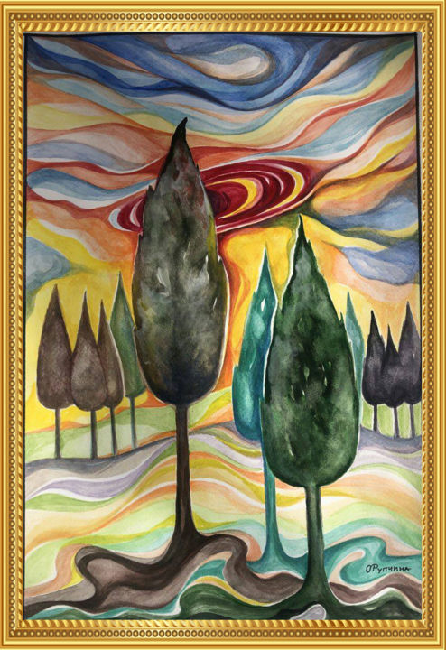 Pittura intitolato "sunset" da Olga Rupchina, Opera d'arte originale, Acquarello
