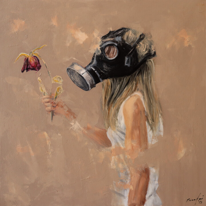 Painting titled "girl in mask and fl…" by Rupert Cefai, Original Artwork, Oil Mounted on Wood Stretcher frame