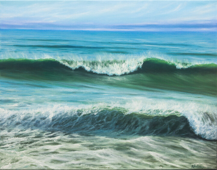 Painting titled "Ocean" by Ruslan Bielian, Original Artwork, Oil Mounted on Wood Stretcher frame