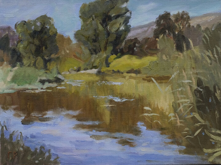 Painting titled "Lake" by Ruslan Gubaydullin, Original Artwork, Oil Mounted on Wood Stretcher frame