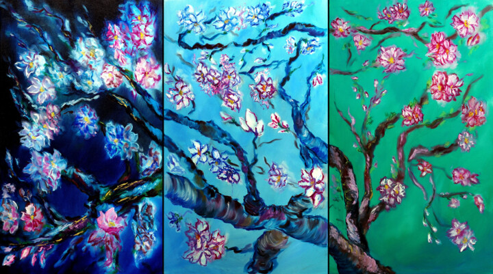 "Eternal Blossoms Tr…" başlıklı Tablo Ruslana Levandovska tarafından, Orijinal sanat, Petrol Ahşap Sedye çerçevesi üzerine m…