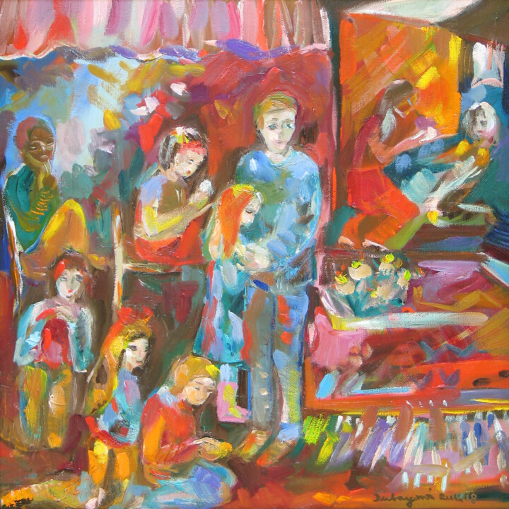 Painting titled "Meetings 1" by Ruth Dubayová, Original Artwork, Oil Mounted on Cardboard