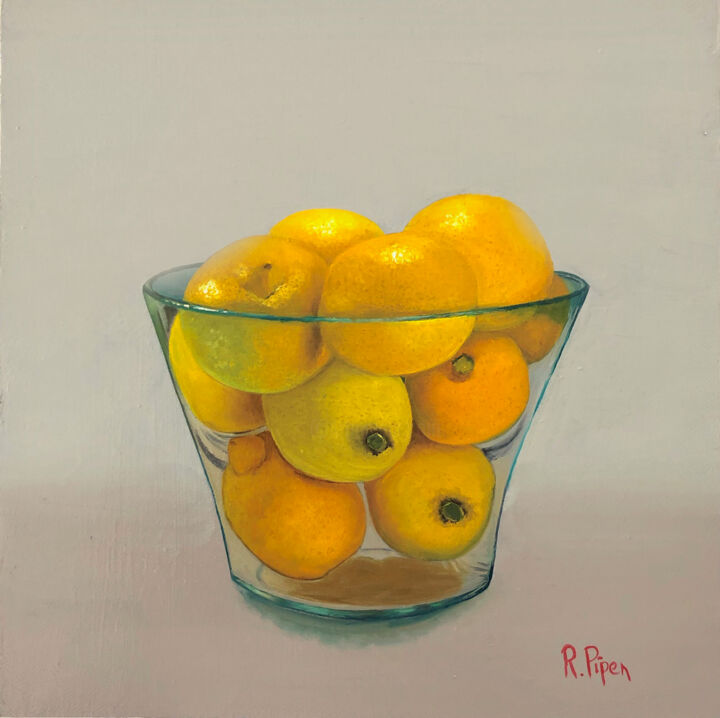 Painting titled "Citrons dans un vase" by Ruth Piper, Original Artwork, Oil