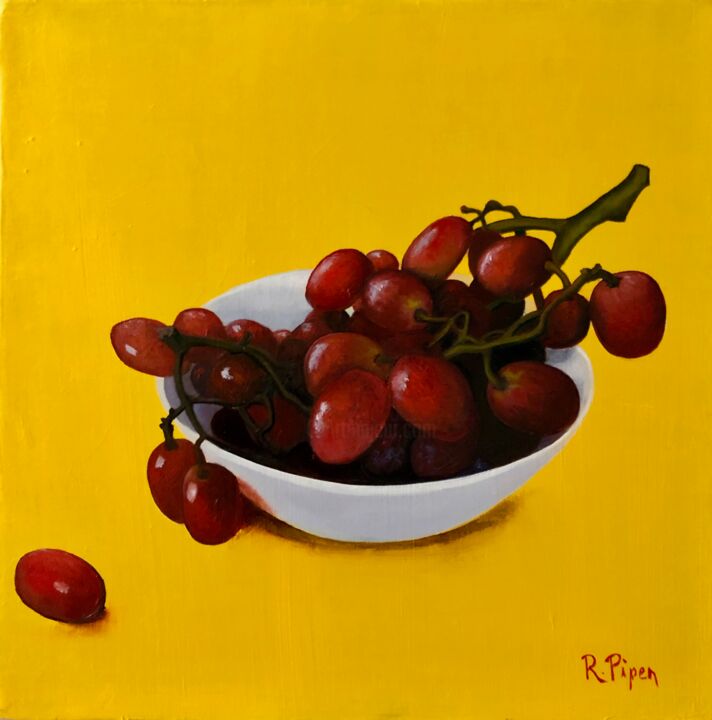 Painting titled "Raisins dans un bol…" by Ruth Piper, Original Artwork, Oil