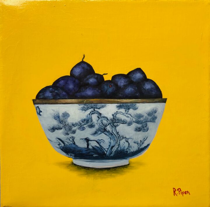 Painting titled "Prunes dans un bol" by Ruth Piper, Original Artwork, Oil