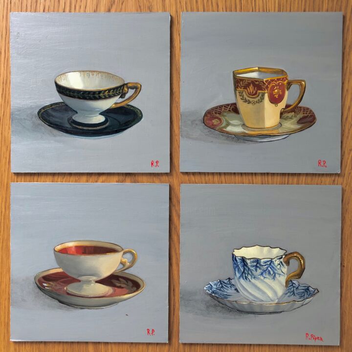 Painting titled "Tasses, quatre pann…" by Ruth Piper, Original Artwork, Oil Mounted on Wood Panel