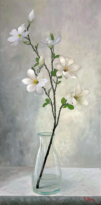 Painting titled "Fleurs blanches dan…" by Ruth Piper, Original Artwork, Oil