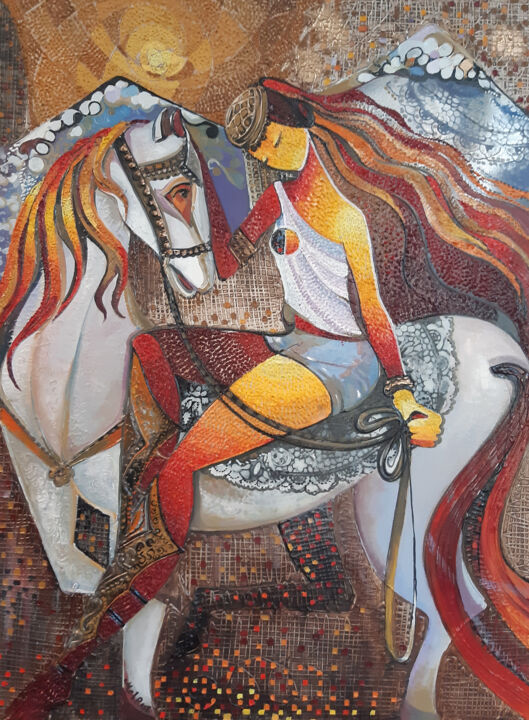 Painting titled "The rider (60x80cm,…" by Ruzanna Melqumyan, Original Artwork, Oil Mounted on Wood Stretcher frame