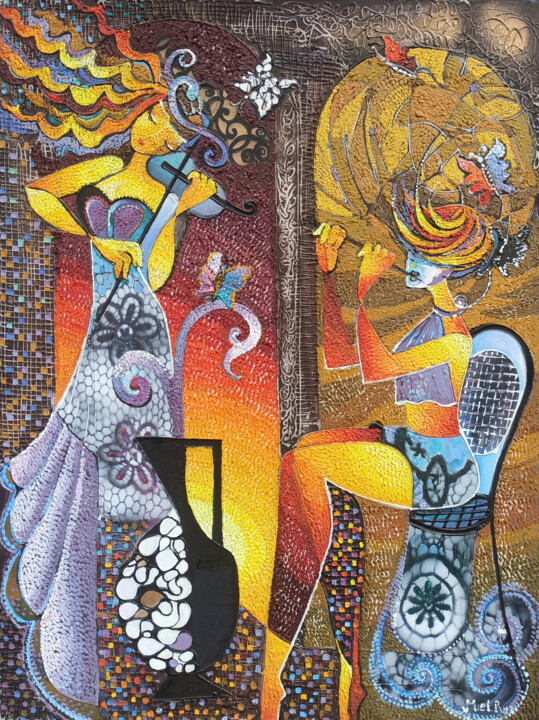 Painting titled "Musical Mosaic" by Ruzanna Melqumyan, Original Artwork, Oil Mounted on Wood Stretcher frame