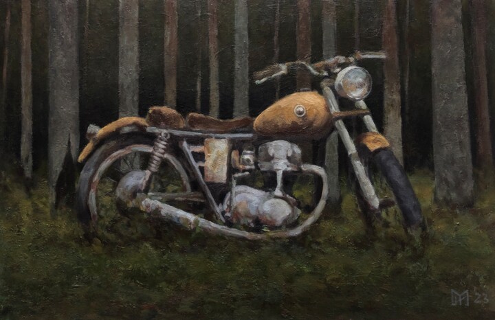 Painting titled "Moto abandonnée" by Ruzel Mura, Original Artwork, Oil