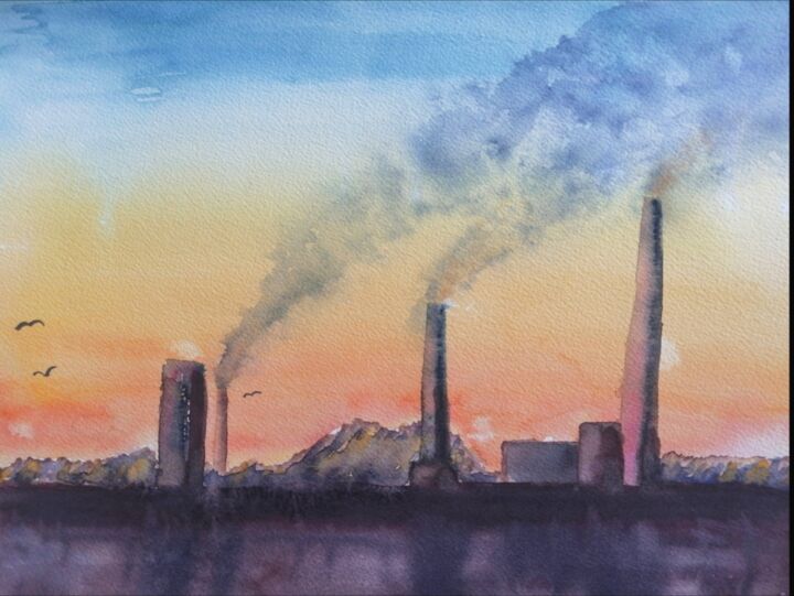 Painting titled "Panorama of factory…" by Jaca Mina, Original Artwork, Watercolor