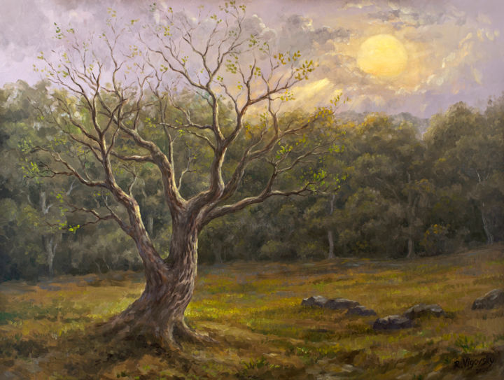 Schilderij getiteld "Tree & Sun" door Ruslan Vigovsky, Origineel Kunstwerk, Olie