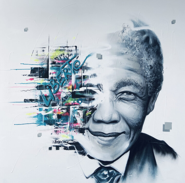 Schilderij getiteld "Mandela" door Roko, Origineel Kunstwerk, Graffiti Gemonteerd op Frame voor houten brancard