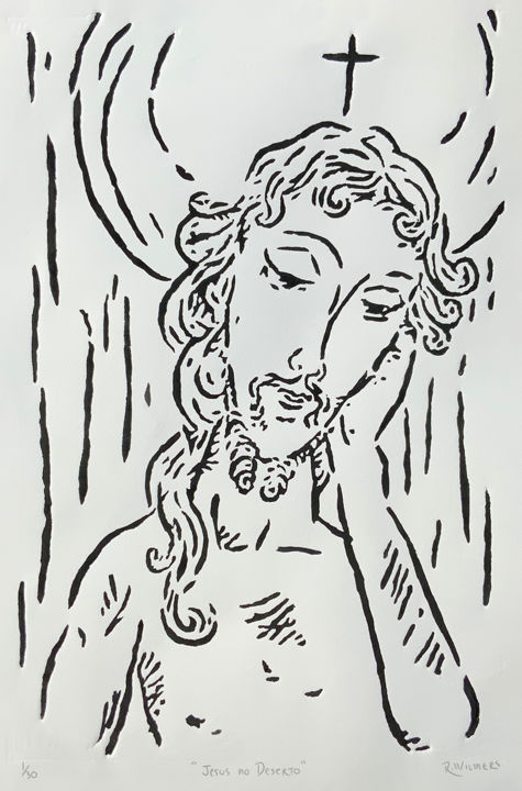 Εκτυπώσεις & Χαρακτικά με τίτλο "Jesus no deserto" από Renato Wilmers, Αυθεντικά έργα τέχνης, Χαρακτικά σε λινόλαιο
