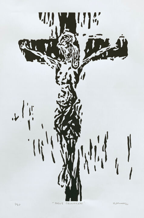 Impressões e gravuras intitulada "Jesus Crucificado" por Renato Wilmers, Obras de arte originais, Linoleogravura