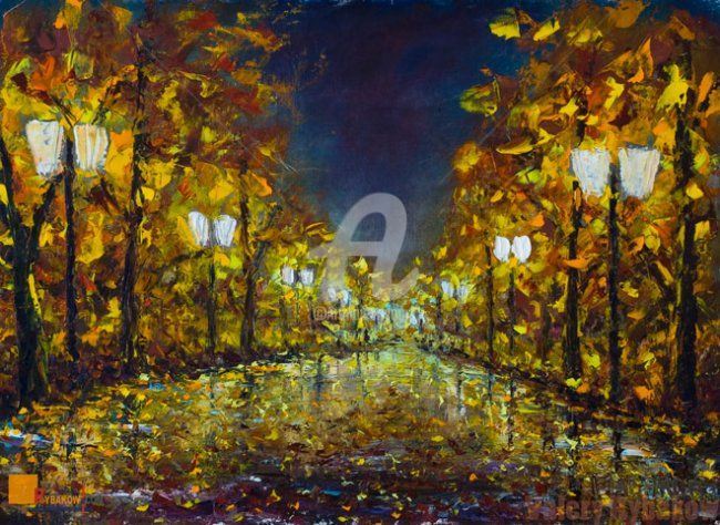 Peinture intitulée "Lonely night park".…" par Rybakow Fine Art, Œuvre d'art originale, Huile