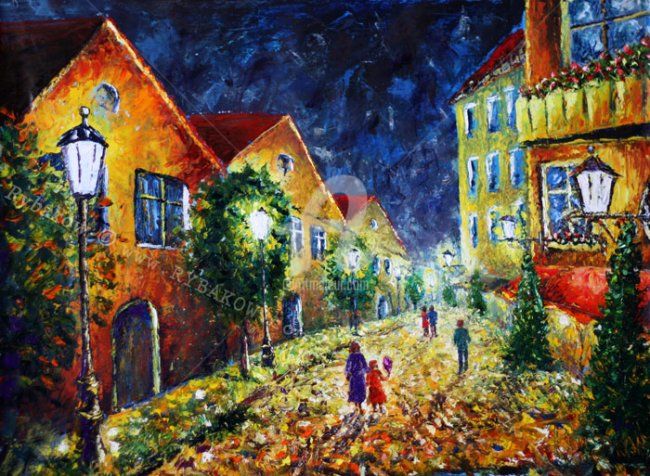 Painting titled "Night city landscap…" by Rybakow Fine Art, Original Artwork, Oil
